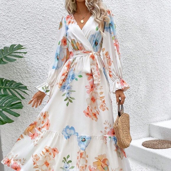. Dresses & Skirts - Mutlicolor Boho Women's Floral Print Bell Sleeve Dress